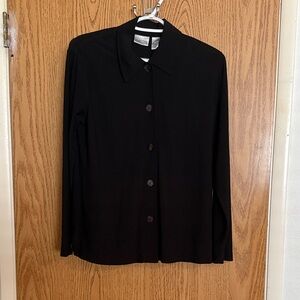 Chico's Black Knit Collared Button-Down Shirt Size 1 90s Retro Office Casual